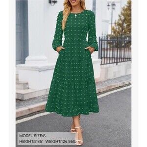 ZESICA Women's Long Sleeve Maxi Dresses 2XL Swiss Dot Tiered Flowy A Line Green